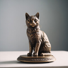Bronze statuette of a cat on a pedestal , facing into camera on a white table, front view, blurred light gray solid background
