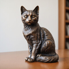 Bronze statuette of a cat on a pedestal , facing into camera on a white table, front view, blurred light gray background