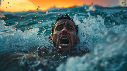 Turbulent Tears Conceptual Tragedy Unveiled in a Man's Scream as He Battles Drowning in the Sea - obrazy, fototapety, plakaty