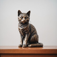 Bronze statuette of a cat, facing into camera on a wooden table, front view, blurred light gray solid background