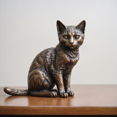 Bronze statuette of a cat, facing into camera on a wooden table, front view, blurred light gray solid background