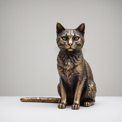 Bronze statuette of a cat, facing into camera on a white table, front view, blurred light gray solid background