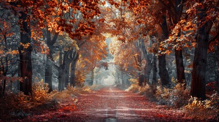 Beautiful romantic alley in a park with colorful trees and sunlight. autumn natural background