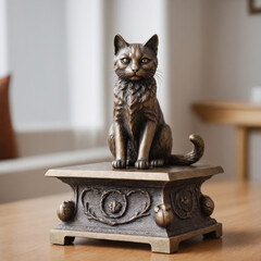 Bronze statuette of a cat on a pedestal, front view, blurred background