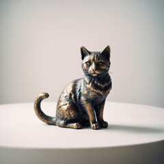 Bronze statuette of a cat, facing into camera on a round table, front view, blurred light gray solid background