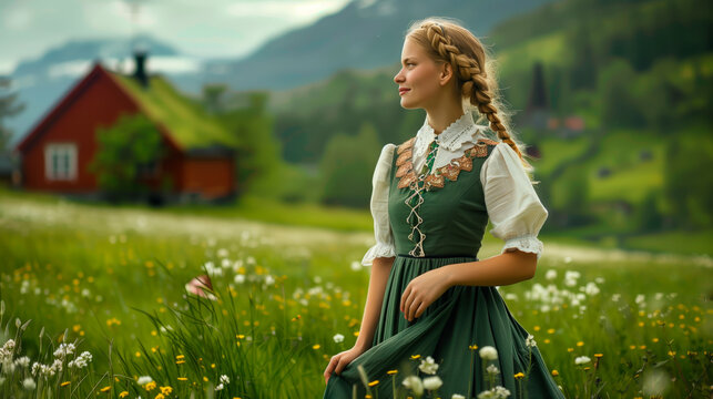 Woman in Norwegian folk dress in scenic Norway countryside. May 17th celebrations in Norway.
