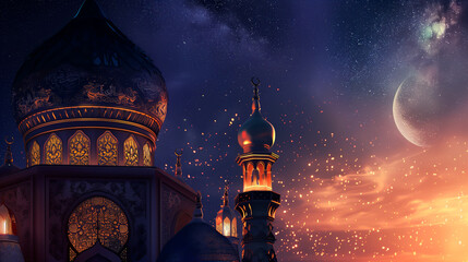 Fototapeta na wymiar Mosque domes under starry sky during Ramadan Eid. Arabic or Islamic wallpaper with copy space.