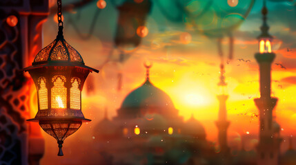 Fototapeta na wymiar Ramadan lantern with mosque silhouette at sunset. Islamic and a Arabic style Wallpaper with copy space. 