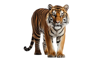 Tiger. A majestic tiger is captured in motion as it confidently walks across The powerful feline strides with purpose, showcasing its strength. on a White or Clear Surface PNG Transparent Background.