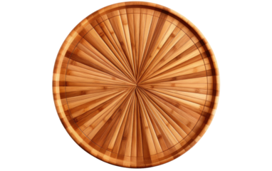 Circular Design Wooden Tray. A wooden tray is displayed, featuring a circular design etched onto its surface. on a White or Clear Surface PNG Transparent Background.