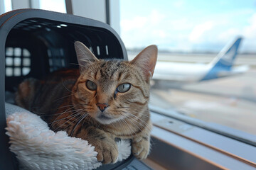 Tabby Cat in Carrier at Airport Terminal