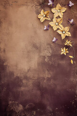 Beautiful brown vertical botanical background with clematis flowers and space for text, floral backdrop with copy space on grunge texture, top view, blank space