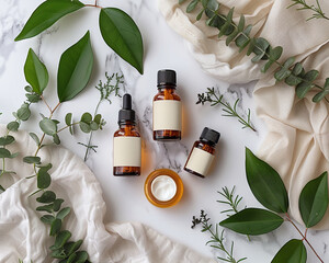 Essential oil bottles with blank labels surrounded by green leaves on marble background. Flat lay composition with place for text. Natural wellness and aromatherapy concept for design and print