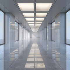 Modern office corridor with reflective floor and ceiling lights. Perspective view with copy space. Corporate business and architecture concept for design and print.
