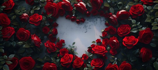 blank copy space, surrounded by red roses, aerial view