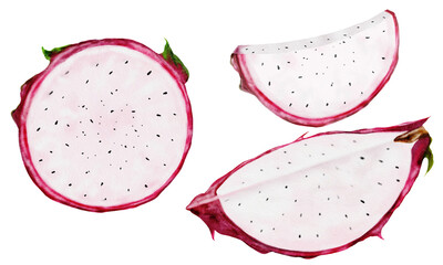 Dragon fruit Watercolor realistic clip art. Pieces of ripe pitahaya cut on an isolated yellow background. For menu design and packaging design.