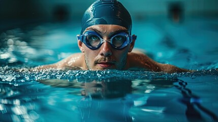 Fototapeta na wymiar Male swimmer in goggles and a rubber cap glides through the pool water, man in the pool
