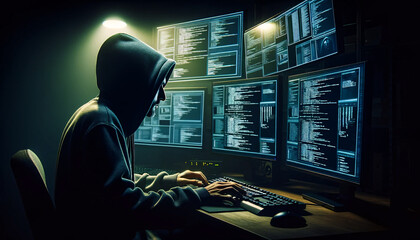A hooded figure sits in front of multiple computer monitors