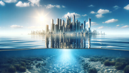 city skyline emerges from crystal-clear waters under a bright sun