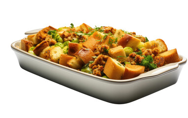 Casserole Dish Filled With Meat and Vegetables. A ceramic casserole dish is filled with a hearty mixture of tender meat and colorful vegetables. on a White or Clear Surface PNG Transparent Background.