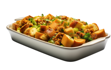 Casserole Dish Filled With Meat and Vegetables. A ceramic casserole dish is filled with a hearty mixture of tender meat and colorful vegetables. on a White or Clear Surface PNG Transparent Background.