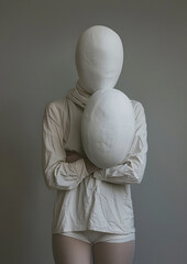 Person holding a large egg-shaped object with head and face covered in white against a grey background. Surrealistic portrait with conceptual art for gallery and exhibition print