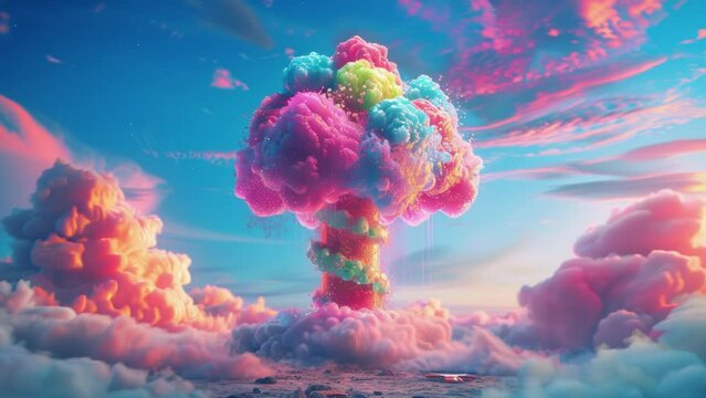 nuclear bomb mushroom cloud over fantasy candy landscape made with generative AI