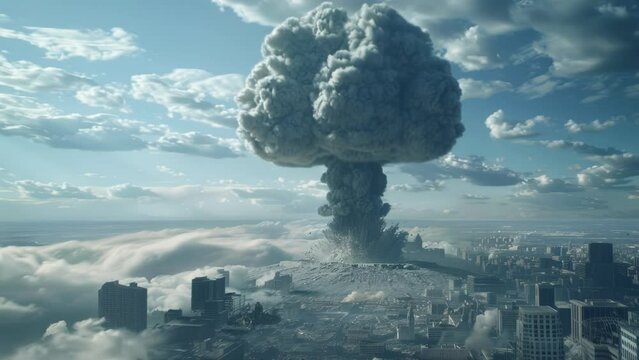 nuclear bomb mushroom cloud over fantasy landscape made with generative AI