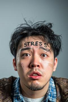 A man with a text Stress on his forehead