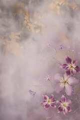 Beautiful vertical floral grunge grey background with violet flowers with place for text, botanical backdrop in neutral tones with copy space, top view, blank space