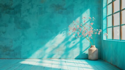 Cherry blossom pots and emerald green wall. Aqua blue wall background. Generative AI