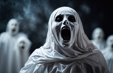 Horror white undead ghost screaming on black background