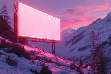 A blank giant signboard with neon light on the peak of a mountain