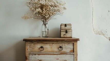 Isolated console table made of wood. Table with foggy flowers. Generative AI