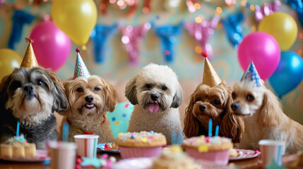 Funny dog wearing pary hat, birthday celebration card. Happy pets. Generative AI - obrazy, fototapety, plakaty
