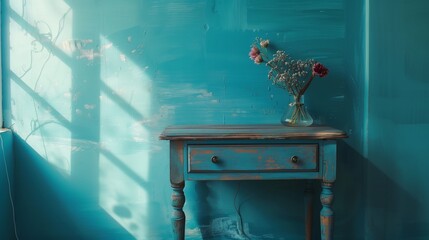 Turquoise blue wall and drawers. Generative AI