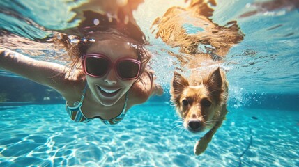 Happy woman and little dog swimming underwater in pool, summer, happy, lifestyles, vacation, holiday, healthy, active, joy, happiness, recreation, enjoyment - obrazy, fototapety, plakaty