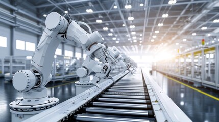 Fototapeta premium Large Production Line with White Industrial Robot Arms at Modern Bright Factory. Assembled on Conveyor. Automated Manufacturing Facility, automated, technology, factory