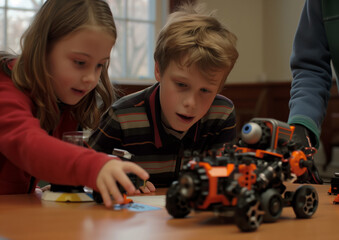 Children with disabilities are involved in a robot building group, a circle for children