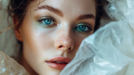 Young woman with beautiful bright green eyes with shining blue shadows, beige lipstick and expressive eyebrows, pitted look of colored paper, fashion, beauty, make-up, cosmetics, salon style - obrazy, fototapety, plakaty