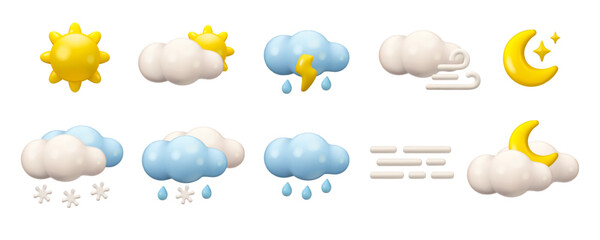 Vector 3d weather icon set. Cartoon render illustration isolated on white background. Sun, clouds, moon and rain. Snowy or foggy day emblem