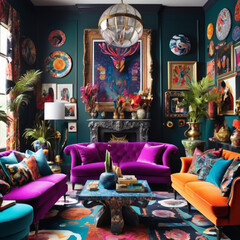 realm of modern maximalism with this eclectic living room interior, where every corner tells a vibrant story of personality and style.