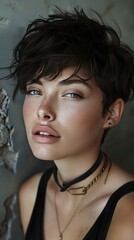 Short style hair for women. A beautiful hairstyle matches a beautiful face and gives a woman a cool modern look. Generative AI