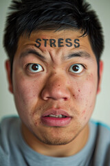 Obraz premium An Asian man with the text Stress on his forehead