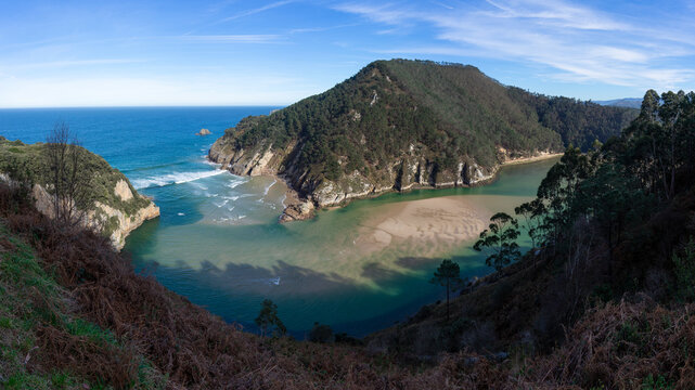 Aerial view of the Tina Menor estuary in the Pechon peninsula in cantabria, Spain, since Tina Menor viewpoint in a sunny day.