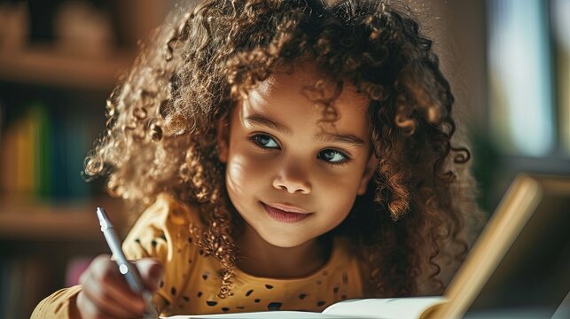 Cute little curly haired dark skinned girl, child, joyfully writing or drawing with a pen in a notebook while seated at a desk