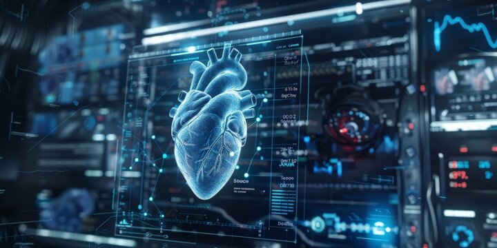 Cardiologist diagnosis patient heart testing result and human anatomy with database electronic medical record on network. AI, Innovation and technology, Digital healthcare on futuristic hologram.
