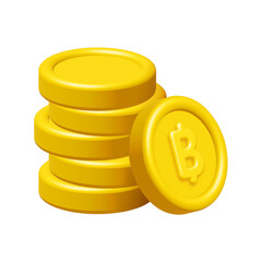 3d stack of bitcoins or gold thai baht coins isolated on white background. Design element illustration PNG.