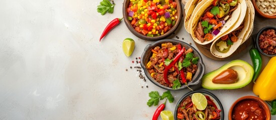 Delicious variety of tacos on a table ready for a Mexican feast with traditional ingredients