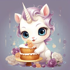 Obraz na płótnie Canvas Vector Illustration. Baby unicorn celebrates happy birthday. Used for design of greeting cards, banner, invitation.